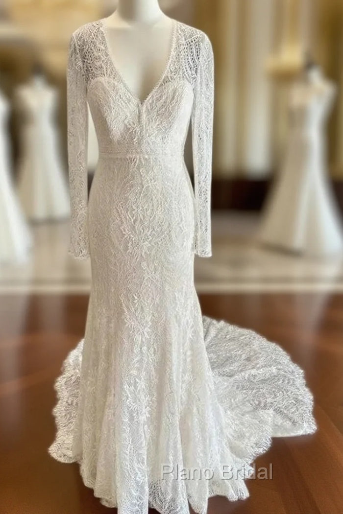 White Lace V-Neck Lace-Up Back Long Sleeve Mermaid Wedding Dresses Sexy