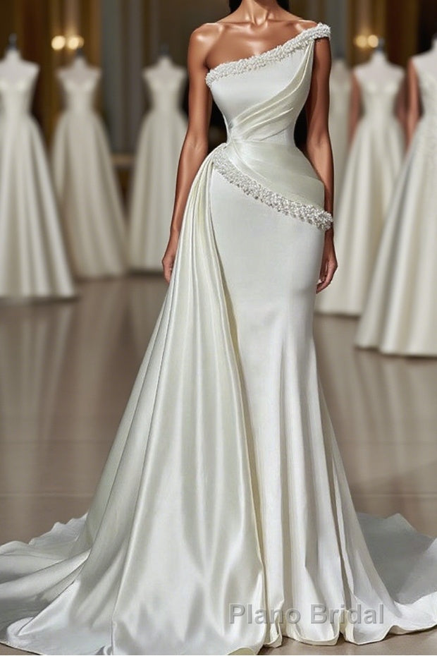 White Long Mermaid One Shoulder Satin Beads Formal Prom Dresses Main image