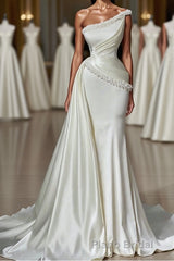 White Long Mermaid One Shoulder Satin Beads Formal Prom Dresses