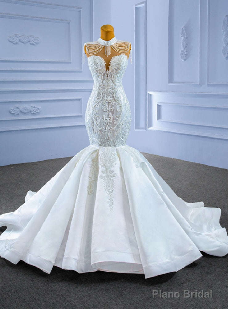 White Mermaid High Neck Appliques Beading Wedding Dress Main image