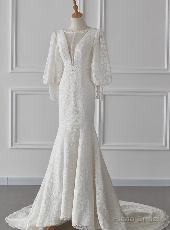White Mermaid Lace Long Sleeve Wedding Dress Main image