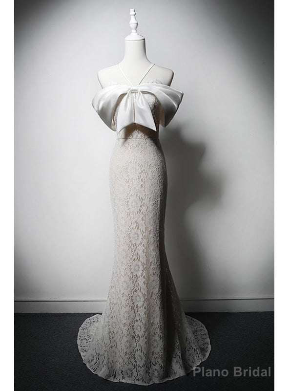 White Mermaid Lace Spaghetti Straps Bow Wedding Dress Main image