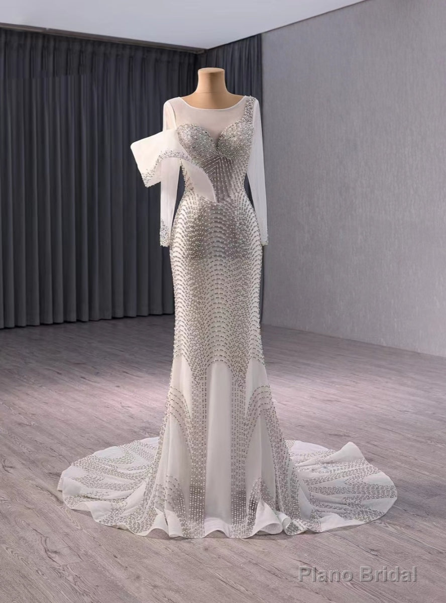White Mermaid Long Sleeve Beading Wedding Dress Main image