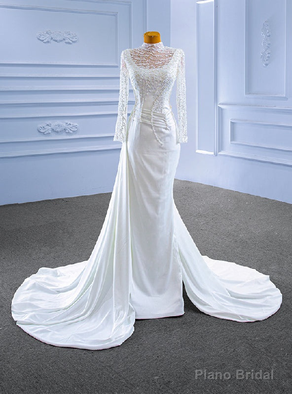 White Mermaid Long Sleeve High Neck Beading Wedding Dress Main image