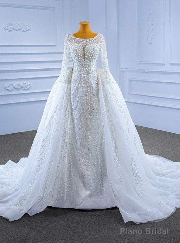 White Mermaid Long Sleeve Perals Beading Wedding Dress With Detachable Train Main image
