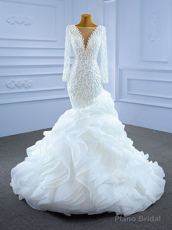 White Mermaid Long Sleeve Tulle Pearls Wedding Dress Main image