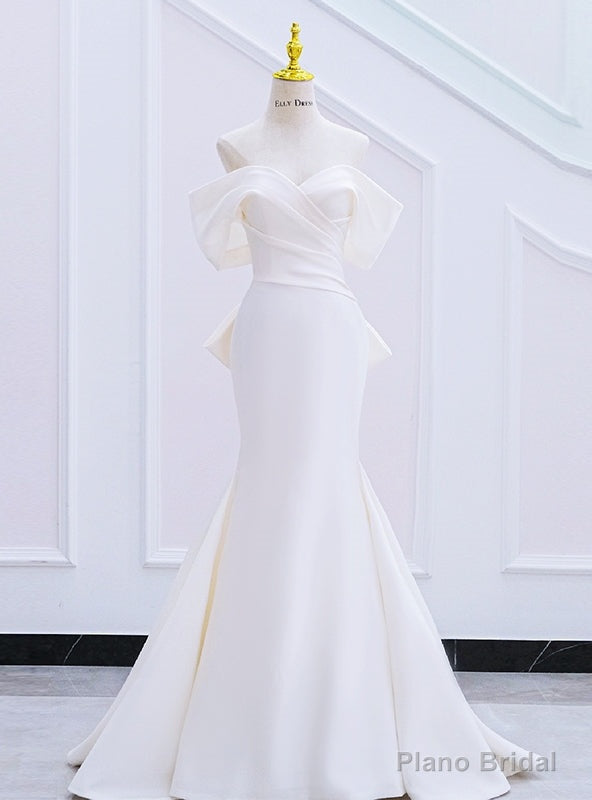 White Mermaid Off the Shoulder Pleats Bow Wedding Dress Main image