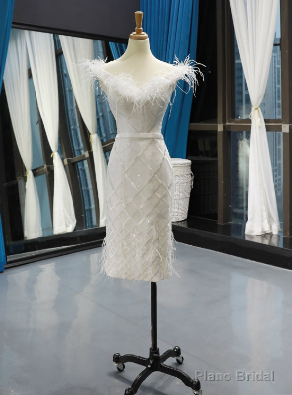 White Mermaid Off the Shoulder Short Prom Dress With Feather Main image