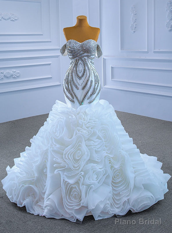 White Mermaid Organza Beading Crystal Wedding Dress Main image