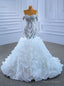 White Mermaid Organza Beading Crystal Wedding Dress