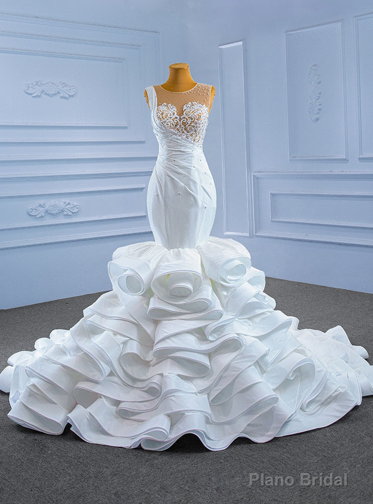 White Mermaid Pleats Appliques Beading Wedding Dress Main image