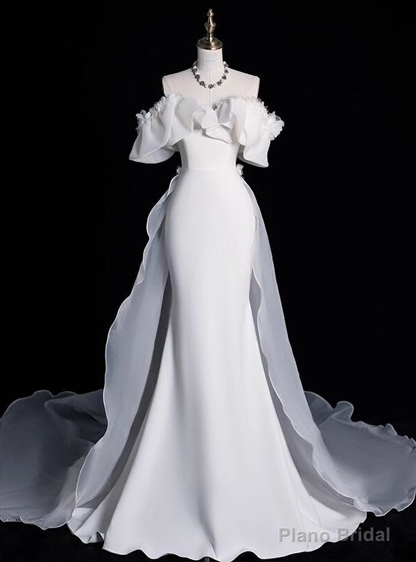 White Mermaid Satin Flower Off the Shoulder Wedding Dress