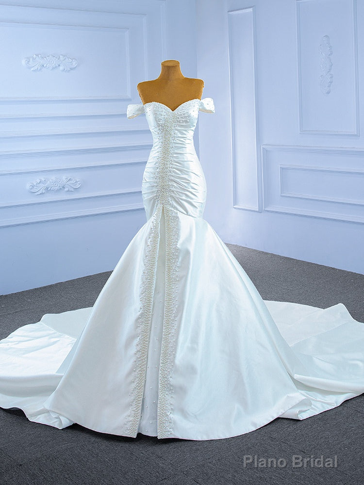 White Mermaid Satin Off the Shoulder Pearls Wedding Dress Main image