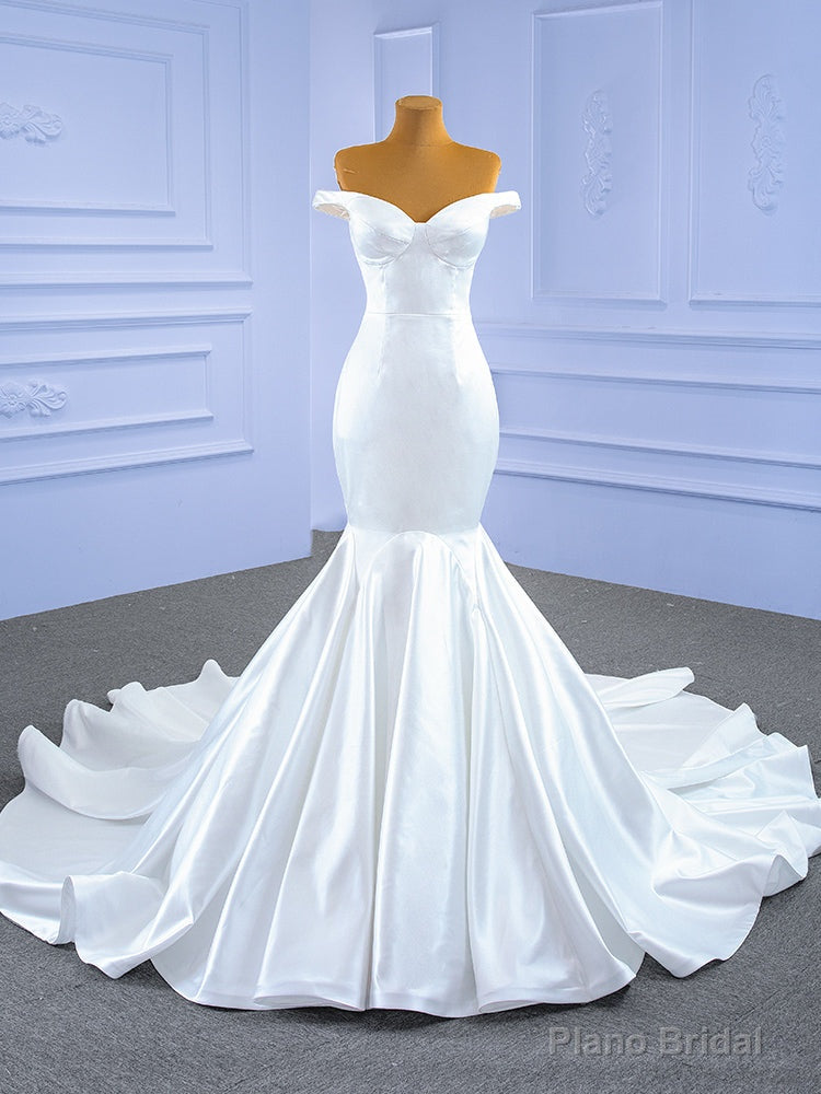 White Mermaid Satin Off the Shoulder Wedding Dress Main image