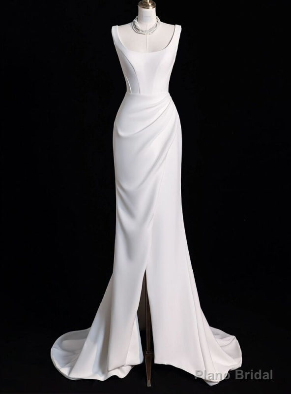 White Mermaid Satin Pleats Split Wedding Dress