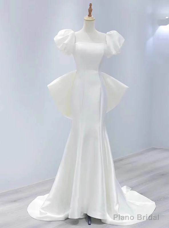 White Mermaid Satin Puff Sleeve Wedding Dress With Bow Main image