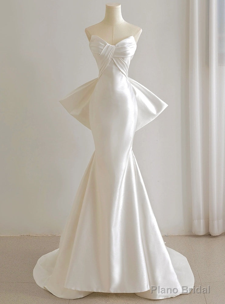 White Mermaid Satin Strapless Pleats Wedding Dress Main image