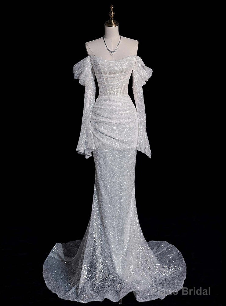 White Mermaid Sequins Long Sleeve Pleats Wedding Dress Main image