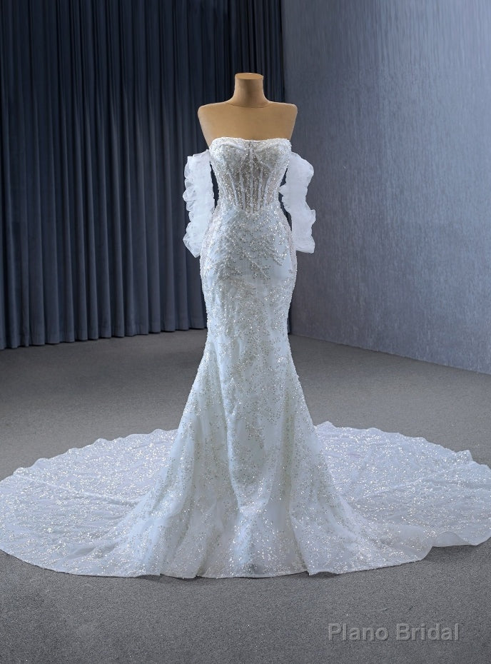 White Mermaid Sequins Strapless Wedding Dress With Train Main image