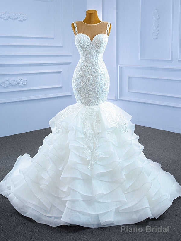 White Mermaid Tulle Appliques Wedding Dress Main image