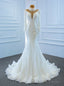 White Mermaid Tulle High Neck Long Sleeve Appliques Wedding Dress