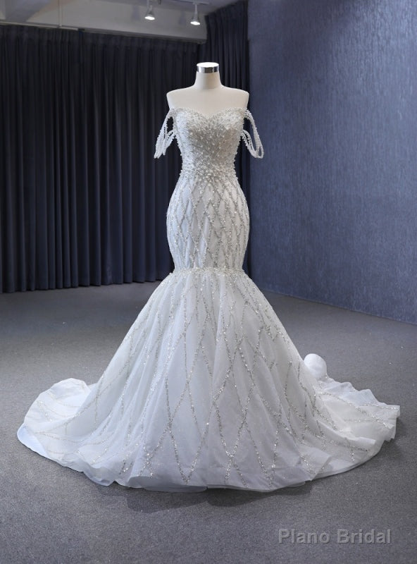 White Mermaid Tulle Off the Shoulder Sequins Pearls Wedding Dress Main image