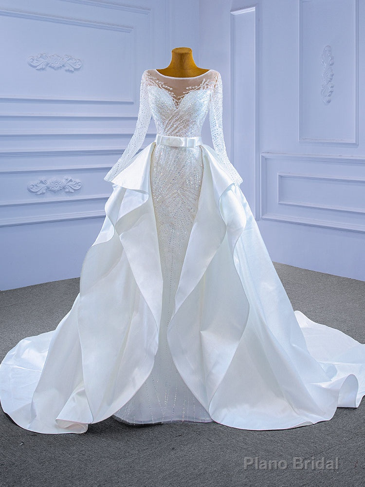 White Mermaid Tulle Sequins Long Sleeve Wedding Dress With Detachable Train Main image