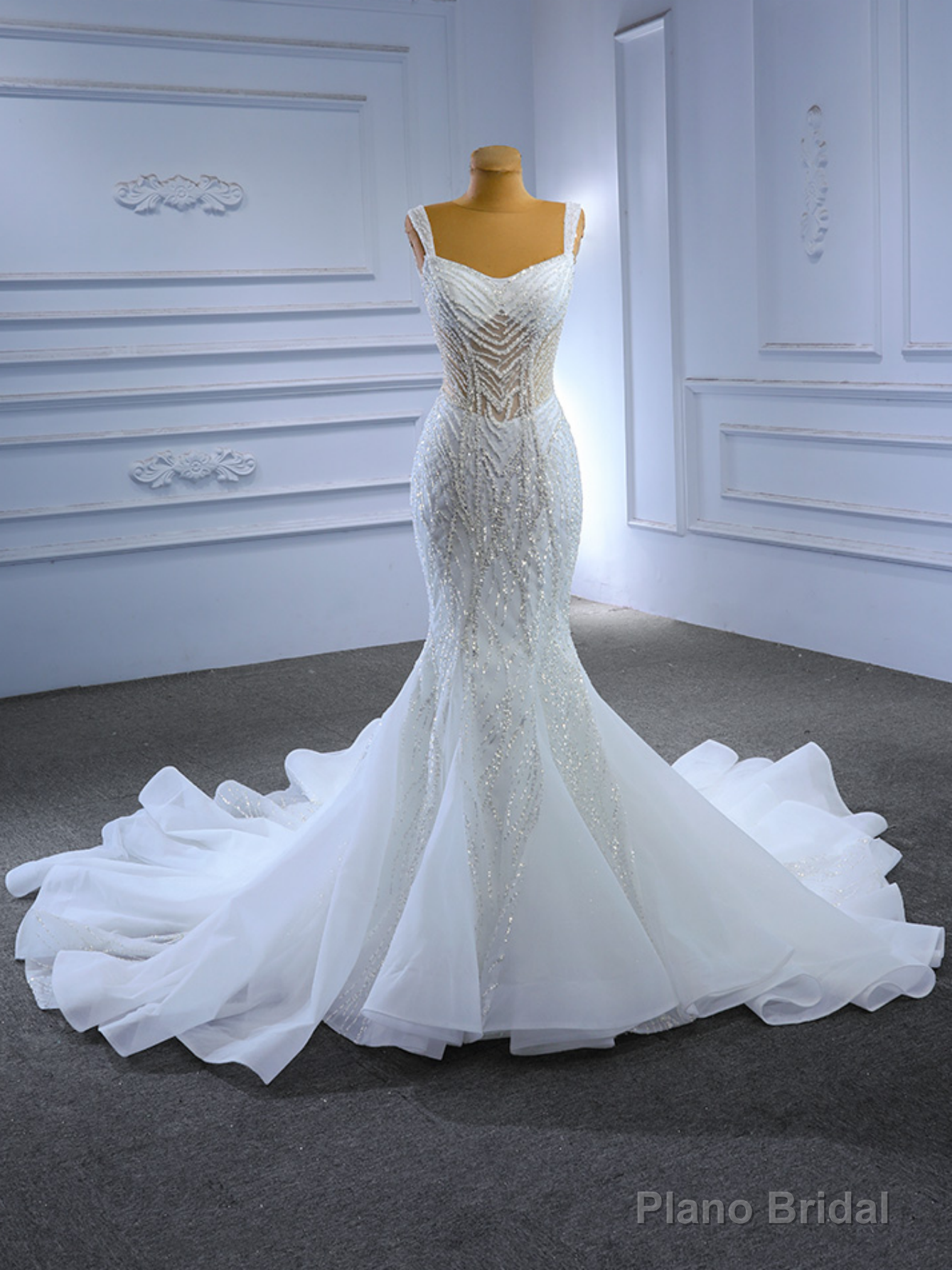 White Mermaid Tulle Straps Beading Wedding Dress Main image