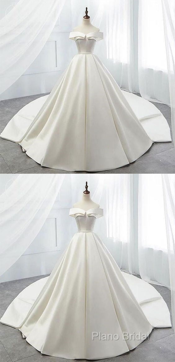 White Off Shoulder Satin Long Formal Prom Dresses, White Formal Dresses, White Wedding Dresses, White Formal Dresses
