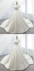 White Off Shoulder Satin Long Formal Prom Dresses, White Formal Dresses, White Wedding Dresses, White Formal Dresses
