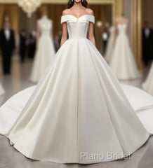 White Off Shoulder Satin Long Formal Prom Dresses, White Formal Dresses, White Wedding Dresses, White Formal Dresses