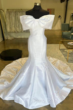 White Off-The-Shoulder Bow Trumpet Long Wedding Dresses Pure Color