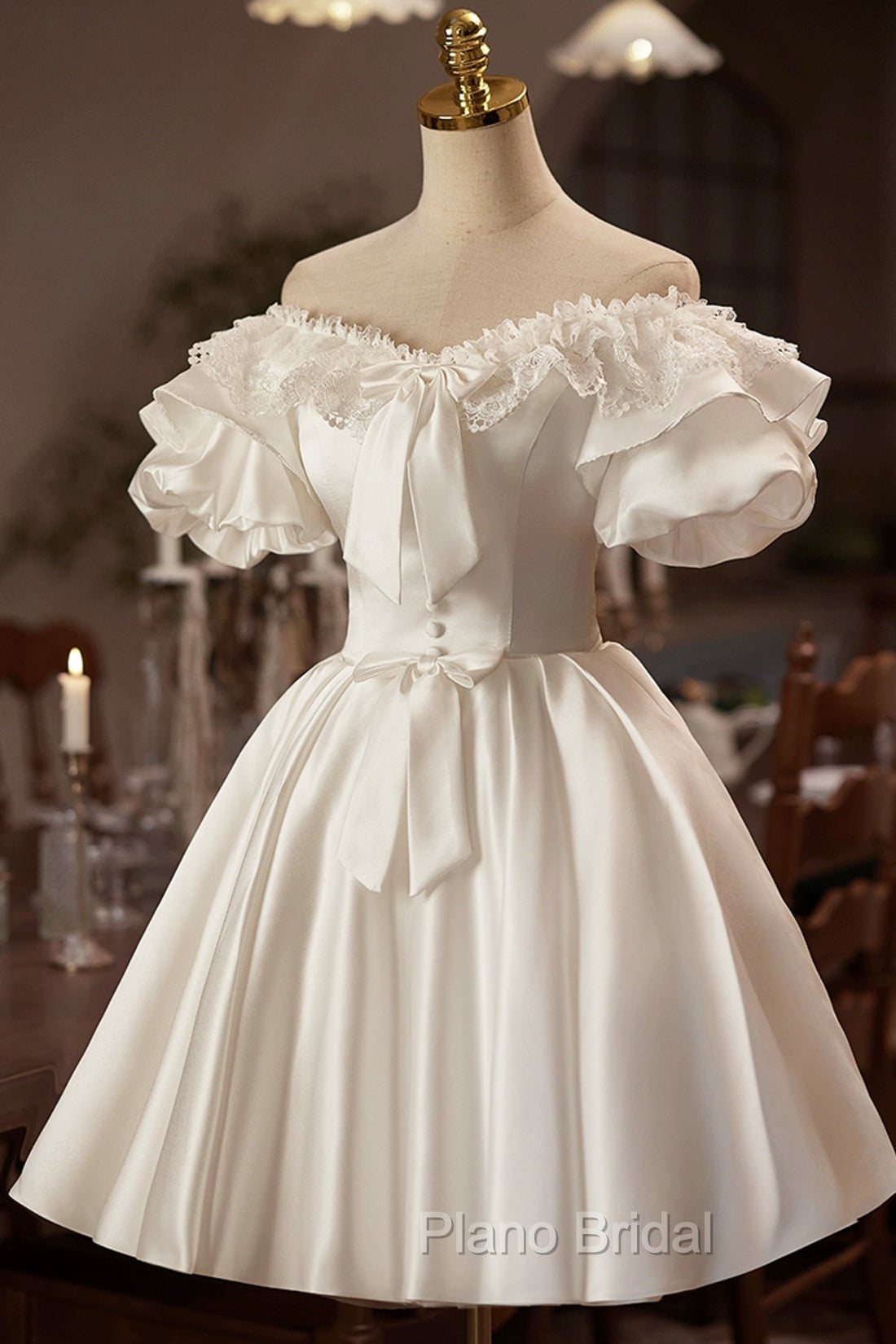 White Off The Shoulder Lace Short Formal Prom Dresses, A-Line Satin Knee Length Party Dresses