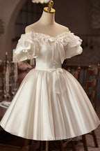 White Off The Shoulder Lace Short Formal Prom Dresses, A-Line Satin Knee Length Party Dresses