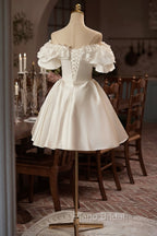 White Off The Shoulder Lace Short Formal Prom Dresses, A-Line Satin Knee Length Party Dresses