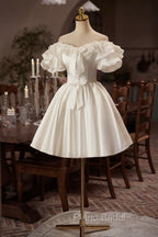 White Off The Shoulder Lace Short Formal Prom Dresses, A-Line Satin Knee Length Party Dresses