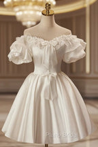 White Off The Shoulder Lace Short Formal Prom Dresses, A-Line Satin Knee Length Party Dresses