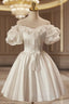 White Off The Shoulder Lace Short Formal Prom Dresses, A-Line Satin Knee Length Party Dresses