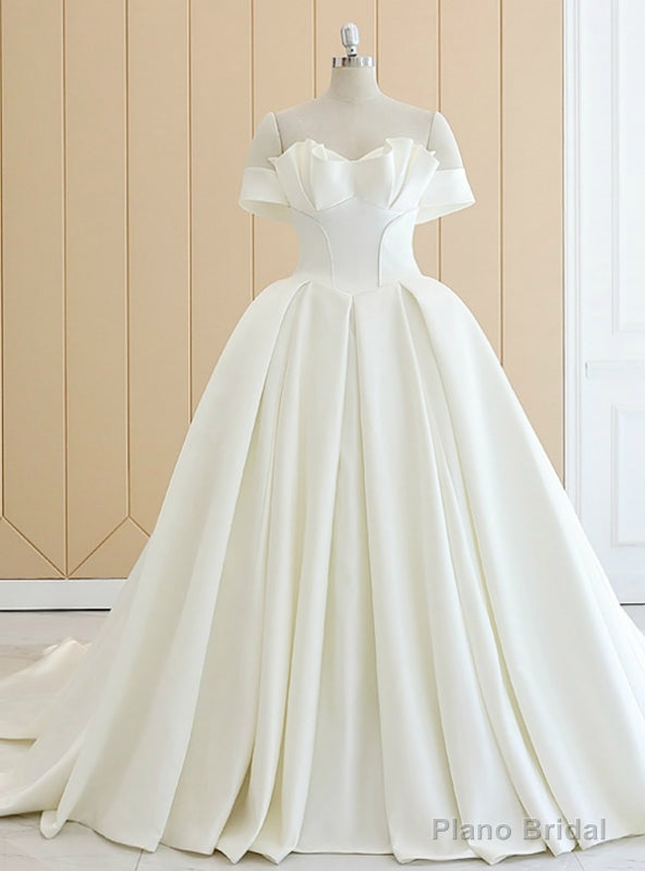 White Off The Shoulder Satin Wedding Dress With Long Train