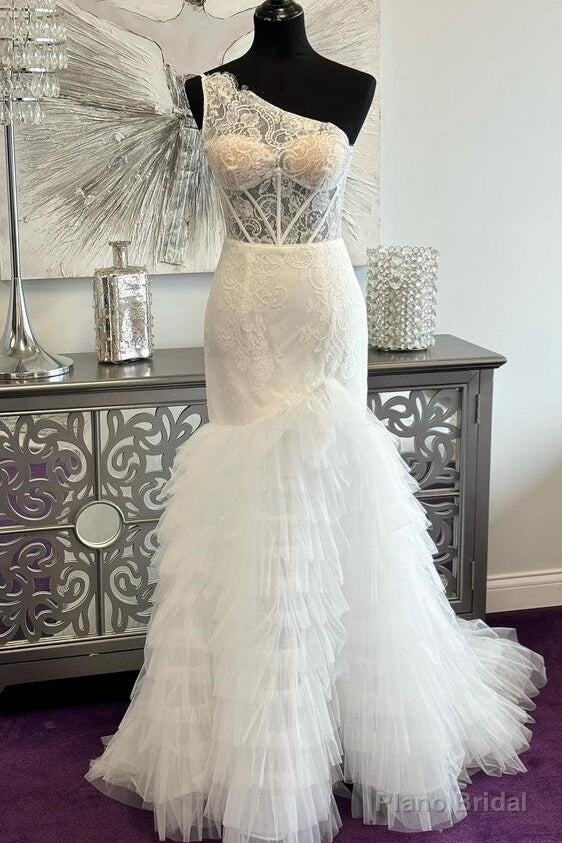 White One Shoulder Lace Corset Tiered Mermaid Prom Dress Main image