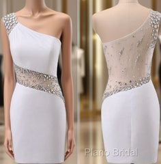 White One Shoulder Sexy Backless Mini Party Dresses Beaded Homecoming Dresses
