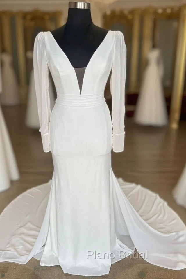 White Plunge V Open Back Long Wedding Dresses With Long Sleeves Sexy Main image