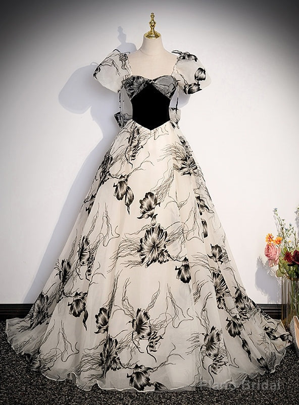 White Print Black Velvet Short Sleeve Prom Dress Main image