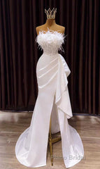 White Formal Prom Dress, Vintage Mermaid Long Slit White Wedding Dresses