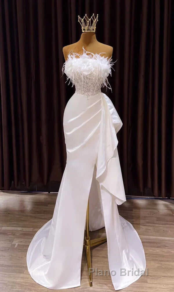 White Formal Prom Dress, Vintage Mermaid Long Slit White Wedding Dresses