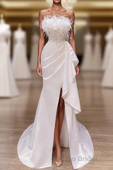White Formal Prom Dress, Vintage Mermaid Long Slit White Wedding Dresses