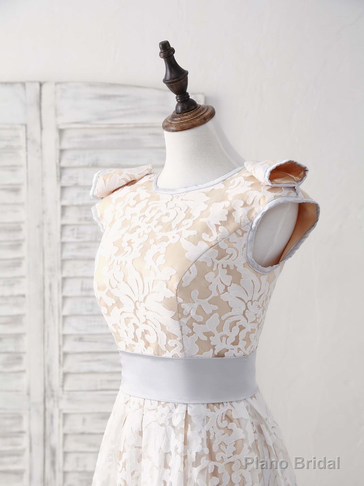 White Round Neck Lace High Low Prom Dress White Bridesmaid Dress