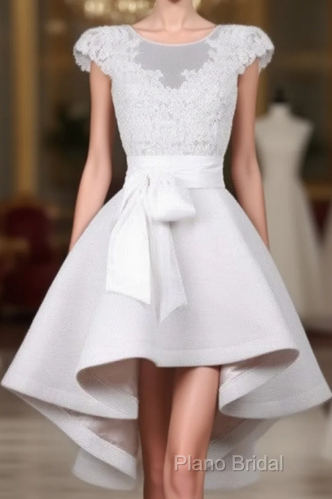 White Round Neck Lace Short Formal Prom Dresses, Lace Dresses Main image