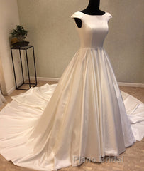 White round neck satin long Formal Prom gown, evening dress