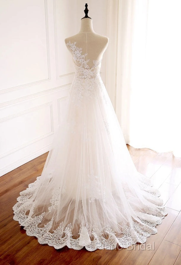 White Round Neck Tulle Lace Long Formal Prom Dresses White Tulle Wedding Dresses